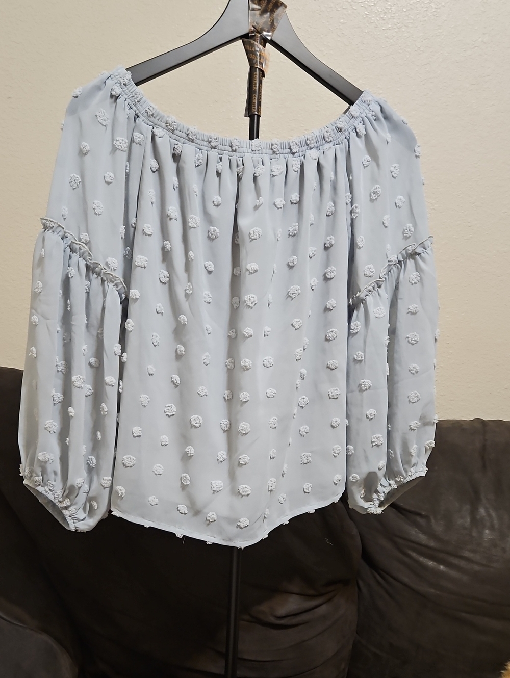 Listicle Light Blue Off-Shoulder Pom-Pom Blouse